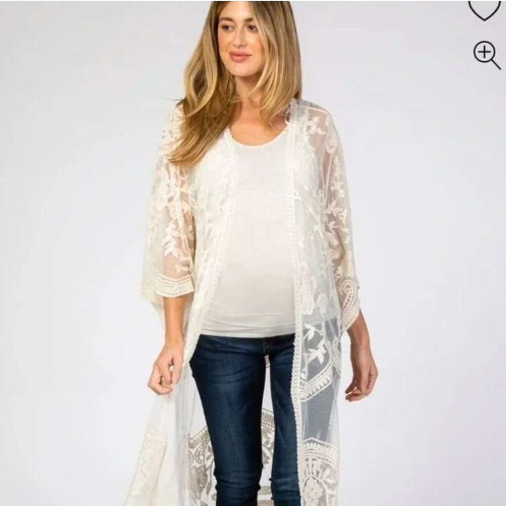 Siren Lily Maternity Women's Large Cream Maternity Lace Duster Kimono Romantic - Picture 2 of 15